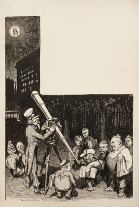 Several men line up to see through a telescope run by Uncle Sam to look at the moon, which has on it the Presidential chair (1903)