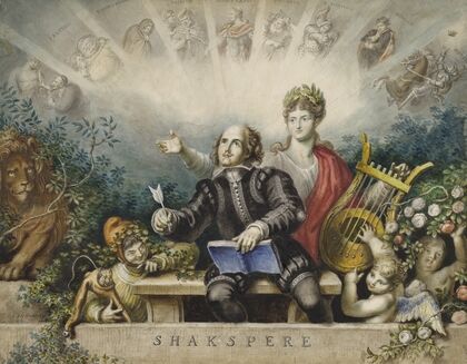 Shakespere [portrait surrounded by a muse, clown, lion, cupids, and various characters from his plays] (1832)