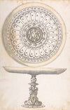 Shallow Round Dish on tall Pedestal Decorated with Fruit and Female Masks