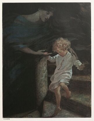She took his hand, and giving him the broad part of the spiral stair to walk on, led him down a good way