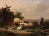 Sheep, goat and poultry by a shelter in a hilly landscape