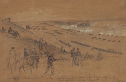 Shelling the rebel rifle pits on the Rappahannock–previous to the third crossing of Sedgwicks corps June 5th