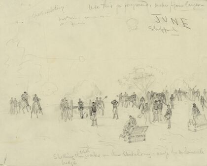 Shelling the rebel works on the Chickahomy [sic] across the Mechanicsville bridge