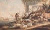 Shepherd with a flock of sheep and a cow among ruins