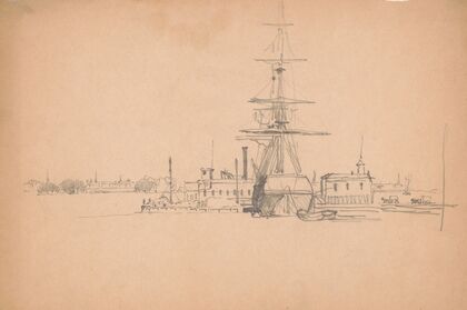 Ship at a wharf along the waterfront in Philadelphia (1840-1870)