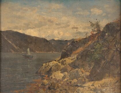 Ship in rocky fjord