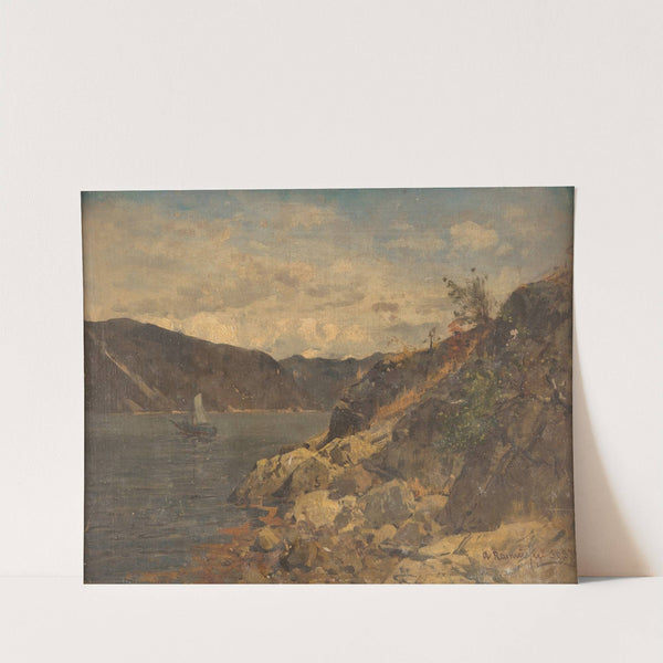 Ship in rocky fjord by Georg Anton Rasmussen