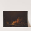 Ship on fire at night by Charles Brooking