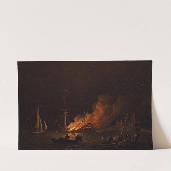 Ship on fire at night by Charles Brooking