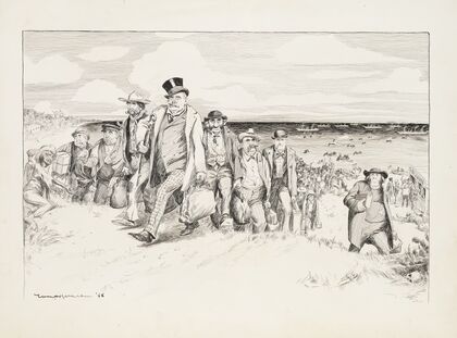 Shiploads of men, possibly Irish, land on a shore. The first place many stop is a saloon. (1898)