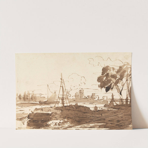 Ships on a River with Buildings in the Distance by John Varley