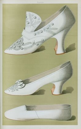 Shoe of Cromwellian shape embroidered with small crystal beads; dainty white shoe; wedding shoe, dating from nearly forty years ago