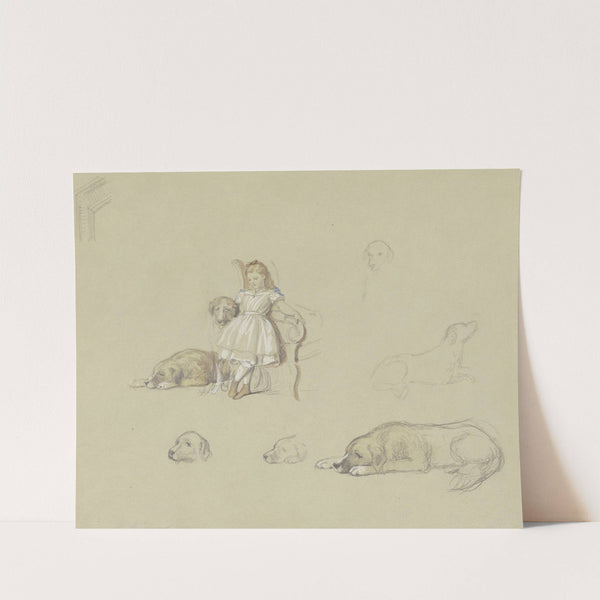 Sieben Hundestudien, in der Mitte Töchterchen mit Hund an Sessel gelehnt by Wilhelm Amandus Beer