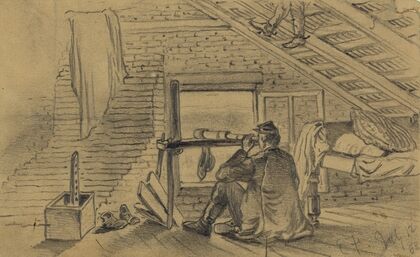 Signal officers, in attic of farm house, watching the army of General Lee near Williamsport, Maryland