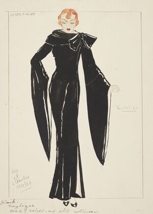 Silent System: The Wife. Black gown with high collar and trailing sleeves. (1934-1943)