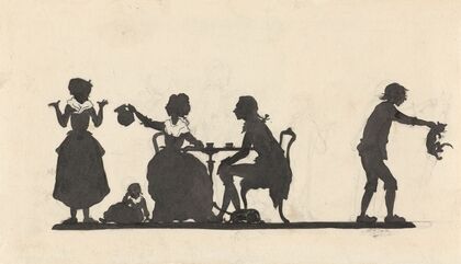 Silhouet van de familie die de kat het huis uitjaagt