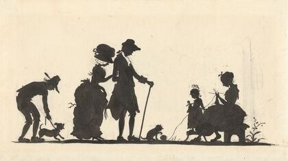 Silhouet van de familie met de hond en de kat
