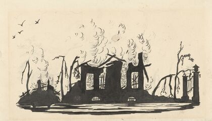 Silhouet van het afgebrande huis