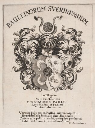 Simon Paullis våbenskjold Illustration til Simon Paulli, Quadripartitum Botanicum
