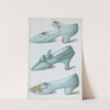 Single strap shoe in French grey satin, and two blue shoes, all embroidered by T. Watson Greig