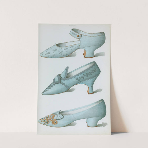 Single strap shoe in French grey satin, and two blue shoes, all embroidered by T. Watson Greig