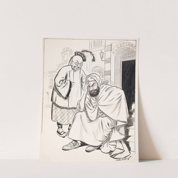 Sinister China consoles desperate Morocco sitting on the steps of Algiers. (1906) by Samuel Ehrhart