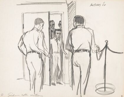 Sirhan B. Sirhan entering a courtroom, possibly for arraignment, for the assassination of Democratic Party presidential candidate, Senator Robert F. Kennedy, on June 5, 1968, at the Ambassador Hotel in Los Angeles, California