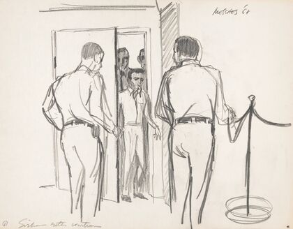 Sirhan B. Sirhan entering a courtroom, possibly for arraignment, for the assassination of Democratic Party presidential candidate, Senator Robert F. Kennedy, on June 5, 1968, at the Ambassador Hotel in Los Angeles, California