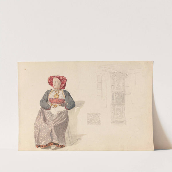 Sittende kvinne, Dalen i Eidsborg; interiør med hjørneskap (1857) by Adolph Tidemand