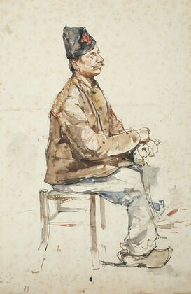 Sitting man with hat and clogs