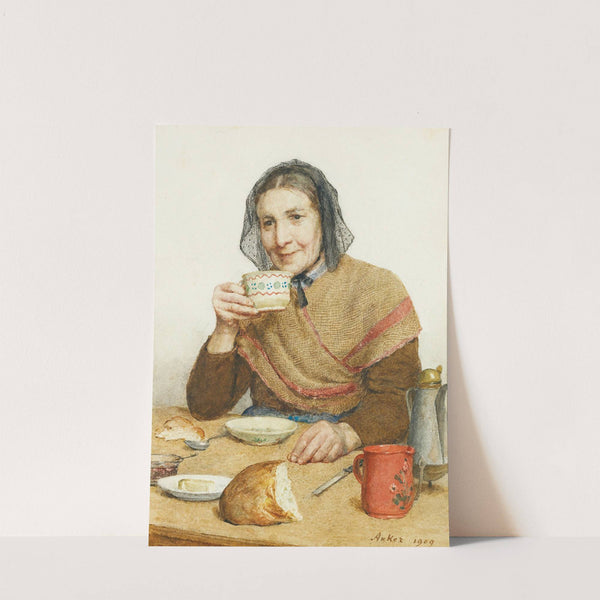 Sitting Peasant Woman Holding A Cup In Her Hand (1909) by Albert Anker