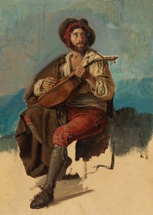 Sitzender italienischer Musikant, Stuhl unvollendet