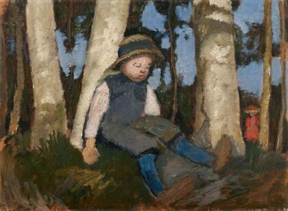 Sitzender Junge mit Strohhut unter Birken (1904)