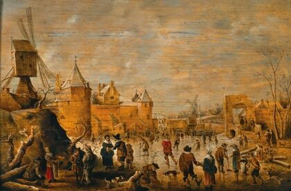 Skaters on a frozen canal with fortifications beyond — size preview