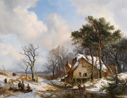 Skaters On A Frozen Stream On The Outskirts Of A Village