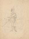 Sketch of a an officer holding sword, wearing sasha and busby