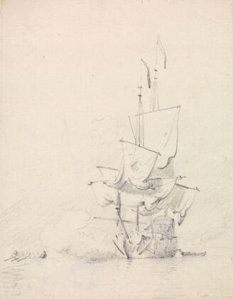 Sketch of a Man-O-War firing Guns