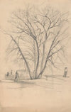 Sketch of a tree in winter beside a boulder at water’s edge, a man fishes from a wharf in the background (1840-1860)