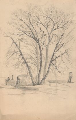 Sketch of a tree in winter beside a boulder at water’s edge, a man fishes from a wharf in the background (1840-1860)