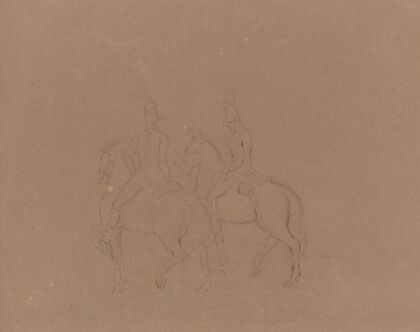 Sketch of cavalry on horseback, seen from behind and side, horses facing left