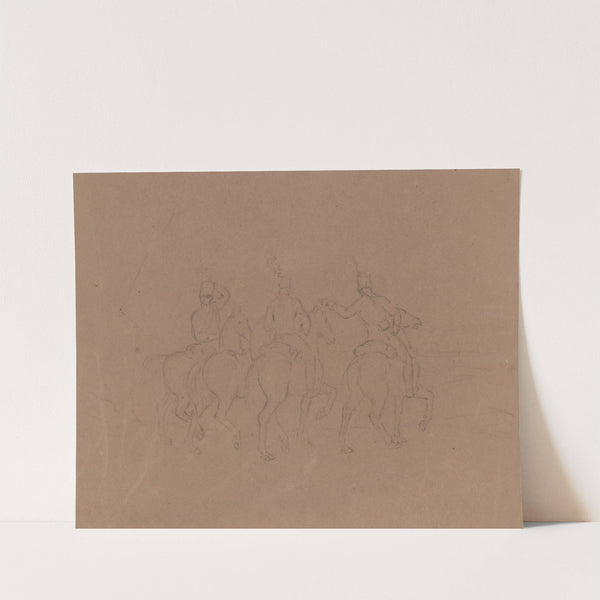 Sketch of cavalry on horseback, seen from the side and rear, horses facing right. Includes a horse without a rider by John Rubens Smith