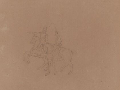 Sketch of cavalry on horseback, seen from the side, horses facing left. Soldier at left gesturing left, arm extended