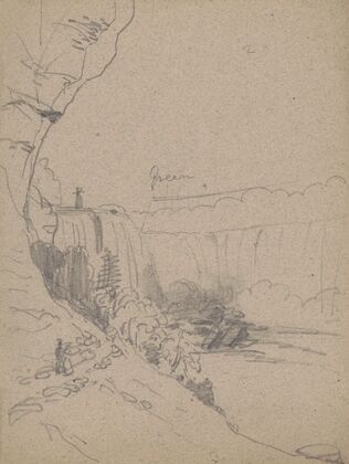 Sketch of Niagara Falls, with a man and a woman walking on a footpath on lower left (1850-1860)