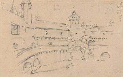 Sketch of the interior of the Barbican of Cracow (1888)