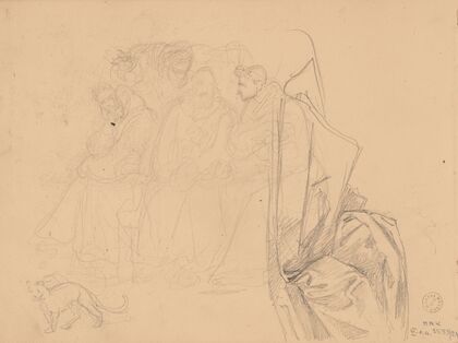 Sketch of three monks sitting side by side