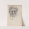 Sketches and drawings related to &#039;Der Soldat in der deutschen Vergangenheit&#039;, by George Liebe. Study of head of knight, full face by Winold Reiss