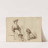 Sketches from a Tavern - Woman Standing and Two Men Seated by Rembrandt van Rijn