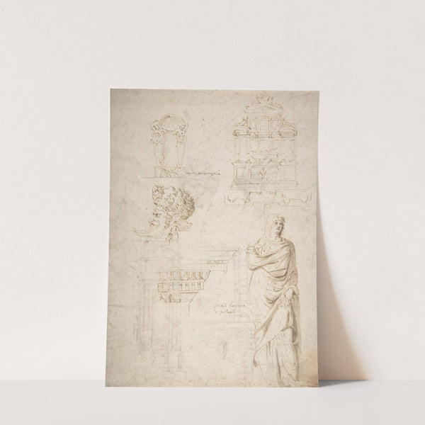 Sketches of a Funeral Monument, a Niche with Statues, a Helmet in the Shape of a Human Head, an Entablature and a Female Statue by After Michelangelo Buonarroti