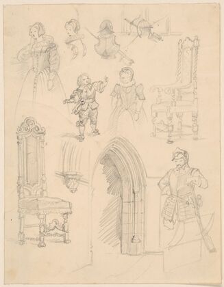 Sketches of Baroque costumes and furniture and Gothic architectural details