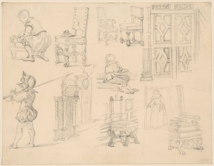 Sketches of Baroque costumes and furniture